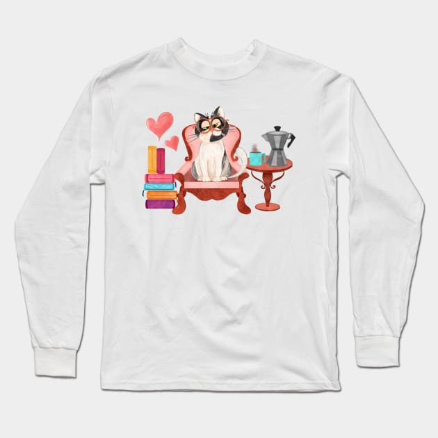 Cat, books and coffee Long Sleeve T-Shirt by PrintAmor